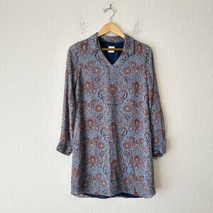 CABI Provincial Mini Dress Blue Brown Floral Long Sleeve Cottagecore